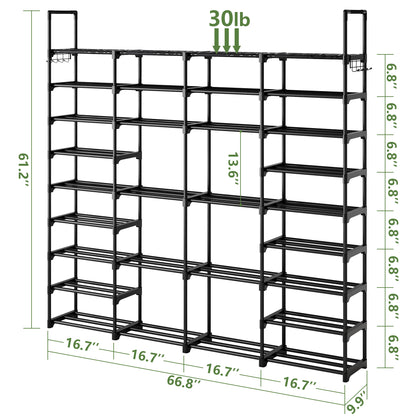 BGTREND 9 Tiers Large Shoe Rack 4 Columns Metal Shoe Storage Organizer 60-65 Pairs Joinable Shoe Tower for Closet Entryway (62 inches, Black)