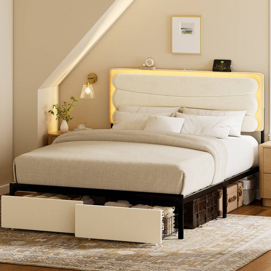 GUNAITO Full Bed Frame with Adjustable and Rechargeable Headboard,2 Storage Drawers and RGB LED Lights,Velvet Upholstered Platform Bed,Strong Metal Slats£¬No Box Spring Needed,Fast Assembly,Black