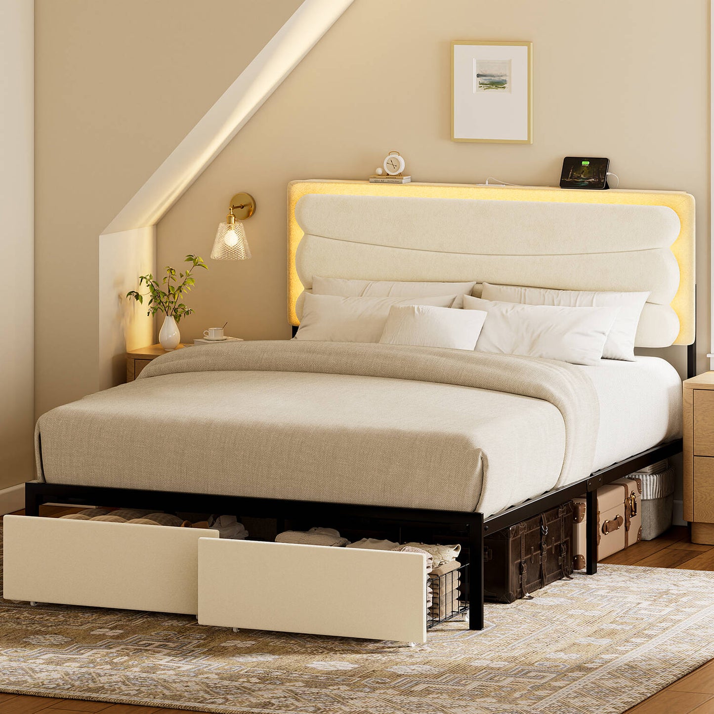 GUNAITO Queen Bed Frame with Adjustable and Rechargeable Headboard,2 Storage Drawers and RGB LED Lights,Velvet Upholstered Platform Bed,Strong Metal Slats£¬No Box Spring Needed,Fast Assembly,Beige