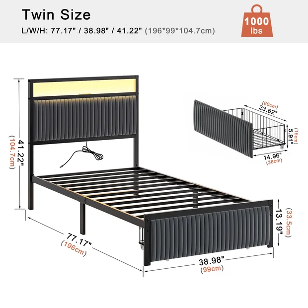 GUNAITO Twin Bed Frame with 2 Drawers Headboard Platform LED Bed Frame with 2 Storage Drawers USB Ports & Outlets Gtey