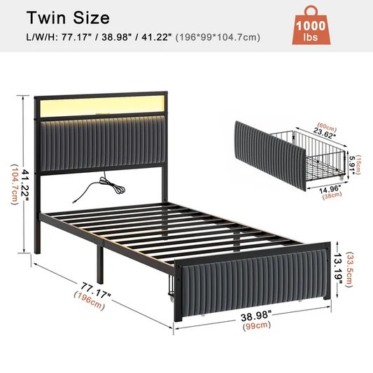 GUNAITO Twin Bed Frame with 2 Drawers Headboard Platform LED Bed Frame with 2 Storage Drawers USB Ports & Outlets Gtey
