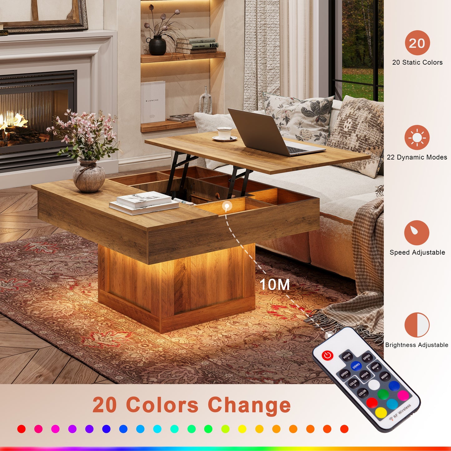 GUNAITO Lift Top Coffee Table with LED Lights, Modern Farmhouse Center Table with Storage, 31.5''Hx31.5''Wx19''D, Light Brown