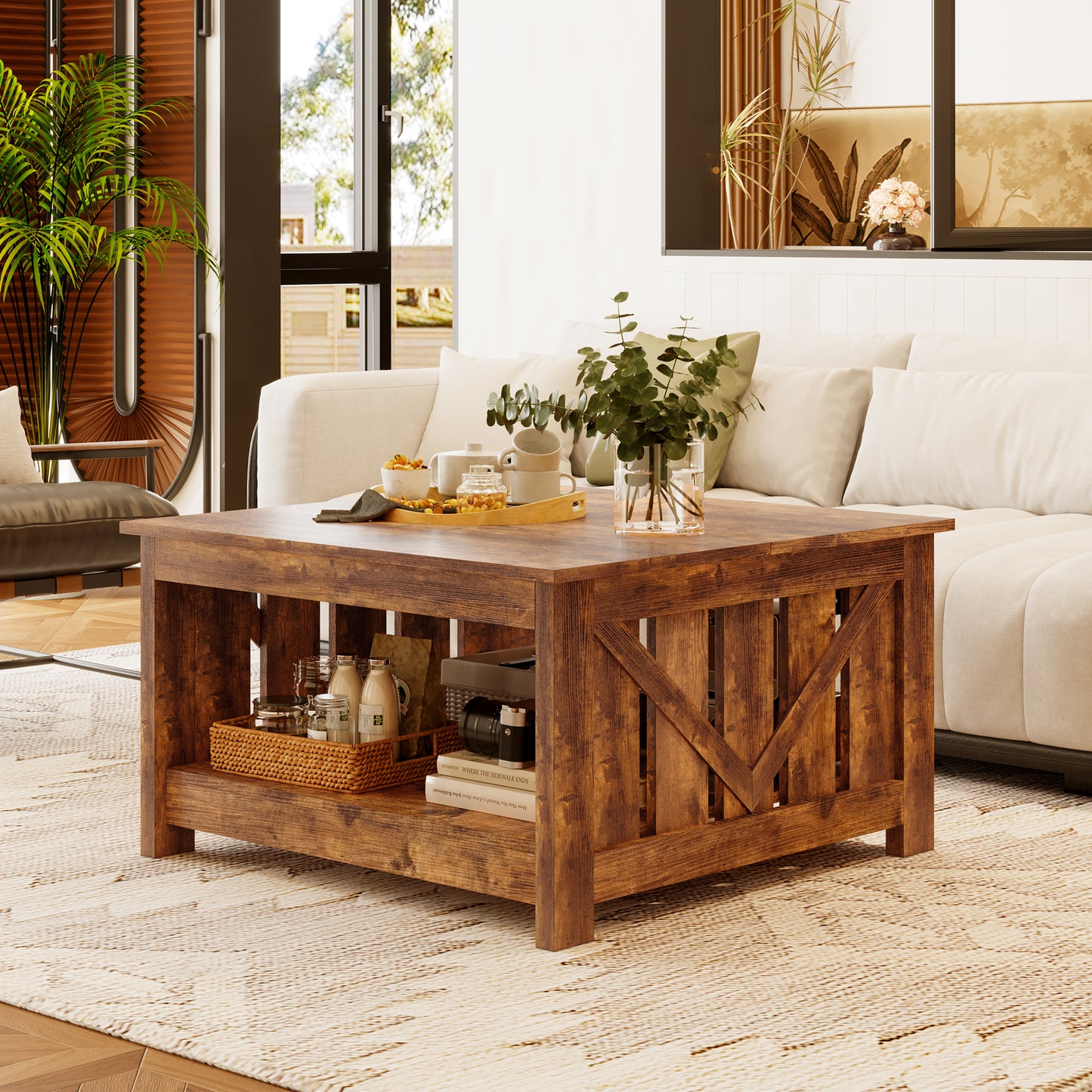 GUNAITO Lift Top Coffee Table with Storage Cabinet and 2 Compartments for Living Room, brown, 31.5''Hx31.5''W in