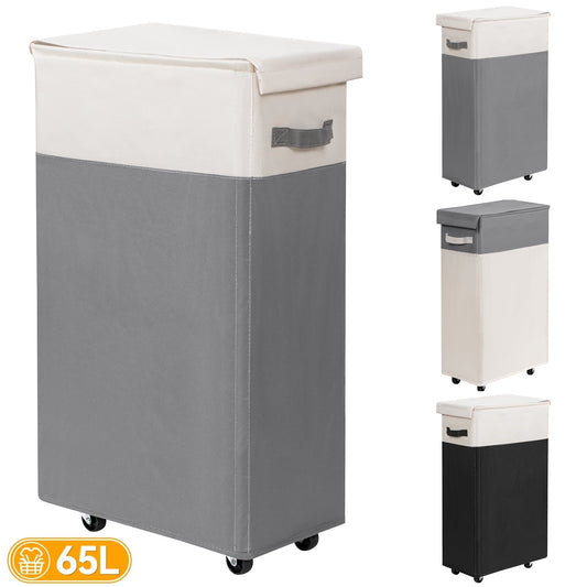 BGTREND 28'' Tall & Slim Laundry Hamper with Lid 65L Rolling Laundry Hamper with Wheels Narrow Laundry Basket Collapsible Dirty Clothes Hamper (Gray & White)