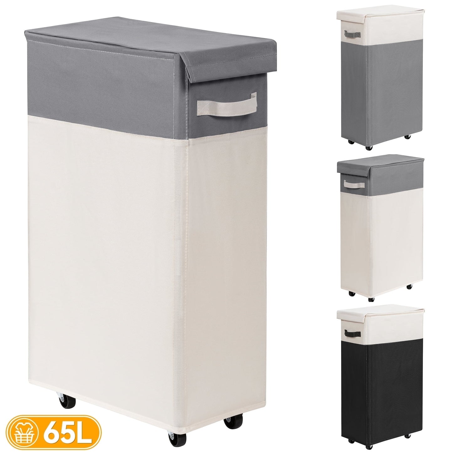 BGTREND 28'' Tall & Slim Laundry Hamper with Lid 65L Rolling Laundry Hamper with Wheels Narrow Laundry Basket Collapsible Dirty Clothes Hamper (White & Gray)