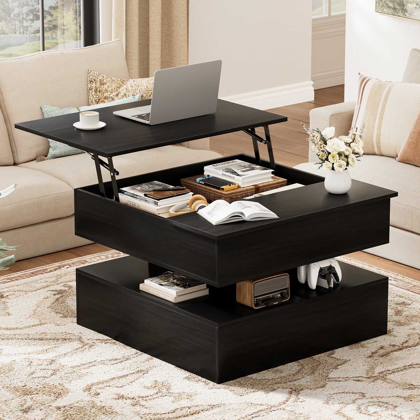 GUNAITO Lift Top Coffee Table with Storage, Wood Square Coffee Table for Living Room,31.5'' Small Center Table with Open Display Shelf for Dining Room, Black