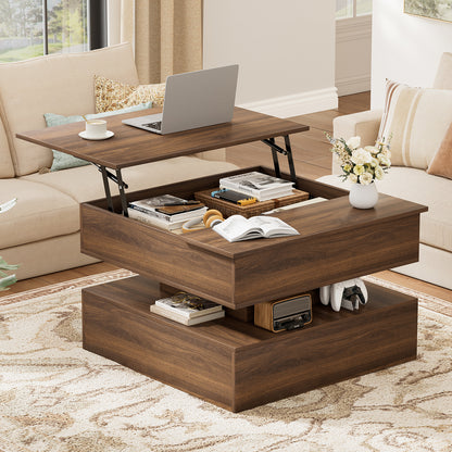 GUNAITO Lift Top Coffee Table with Storage and Hidden Compartment, Wood Square Coffee Table for Living Room, 31.5'' Small Center Table with Open Display Shelf for Dining Reception Room, Walnut