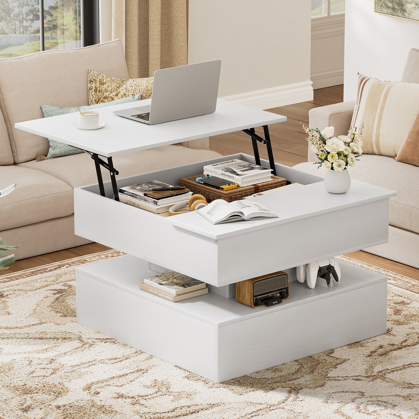 GUNAITO Lift Top Coffee Table with Storage, Wood Square Coffee Table for Living Room, 31.5'' Small Center Table with Open Display Shelf for Dining Room, White