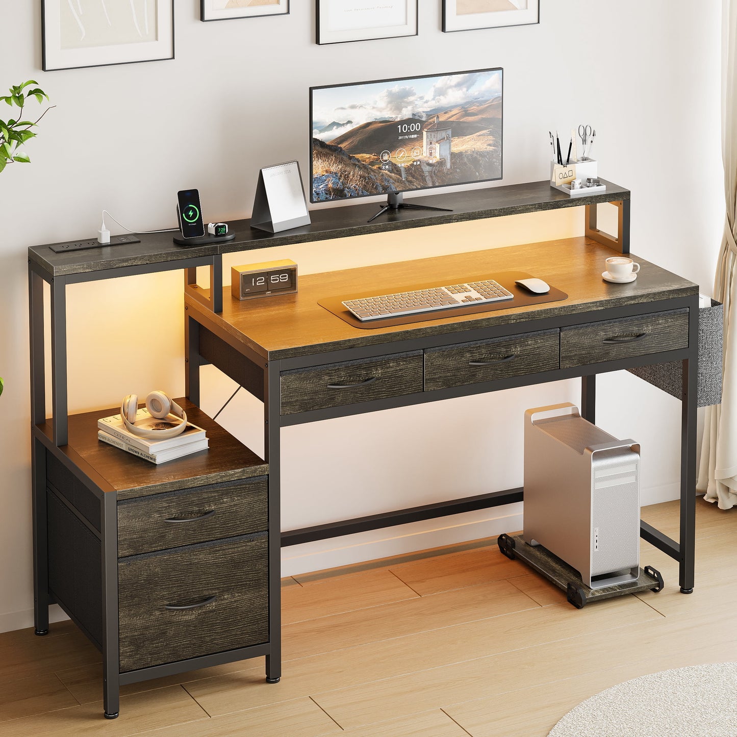 GUNAITO 60 inch Gaming Desk with 5 Fabric Drawers & Storage Shelves, Computer Desk with LED Lights & Charging Station,Gray