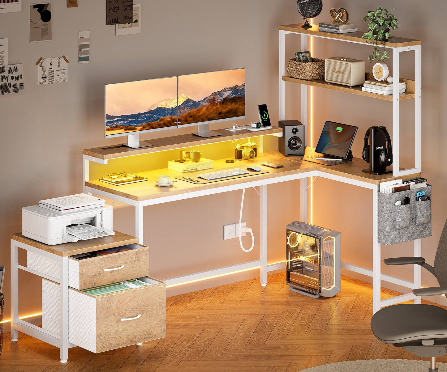 GUNAITO 71 inch Computer Desk L Shaped Gaming Desk with LED Light & Power Outlet Office Desk with File Drawers Cabinet,3-Tier Shelf,Storage Bag for Home Office,Wood