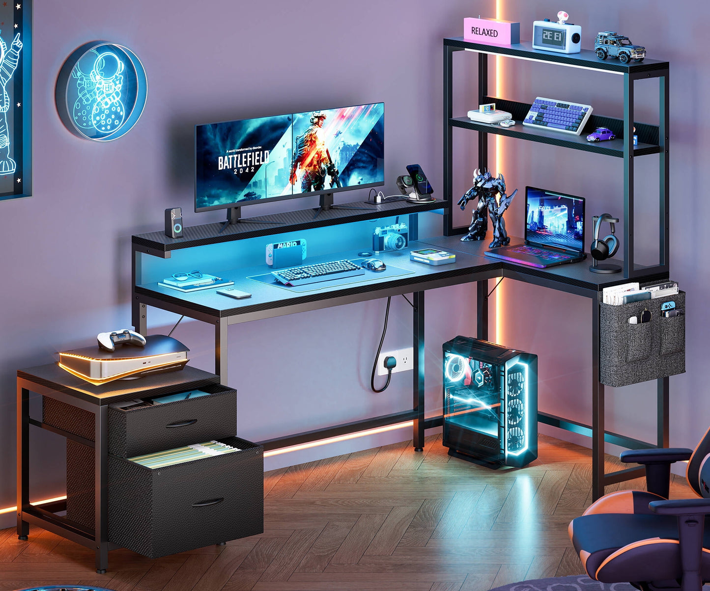 GUNAITO 71 inch Computer Desk L Shaped Gaming Desk with LED Light & Power Outlet Office Desk with File Drawers Cabinet,3-Tier Shelf,Storage Bag for Home Office,Black