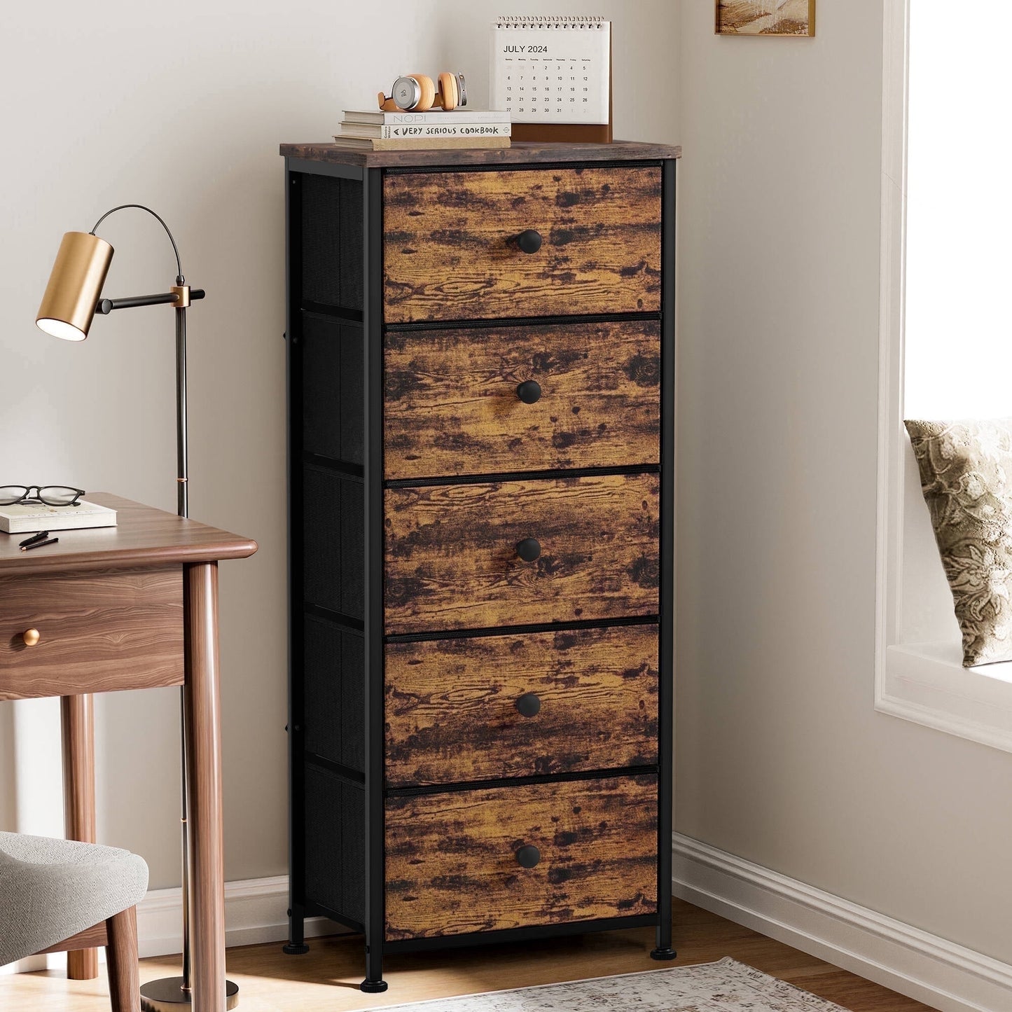 GUNAITO 5 Drawer Dresser for Bedroom Tall Narrow Chest of Drawers Fabric Storage Dresser for Adults,Rustic Brown