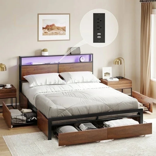 GUNAITO King Size Bed Frame with Headboard and 4 Storage Drawers LED Platform Bed Frame with Charging Station Brown