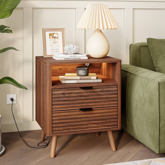 GUNAITO Fluted Nightstand for Bedroom with Charging Station Bedside Table with LED Light Wood Nightstand with Open Shelf and 2 Drawers Walnut 1pc
