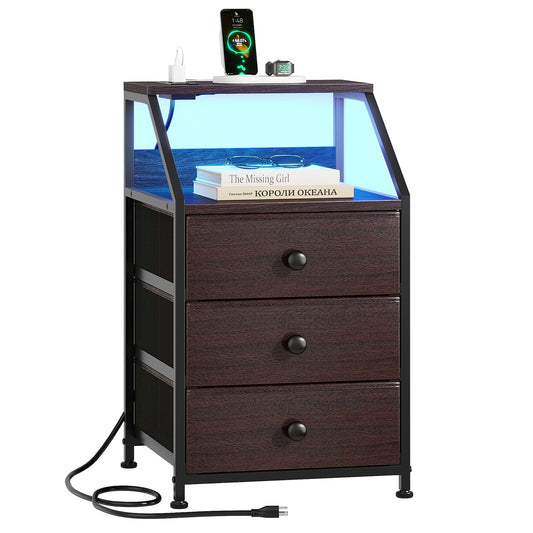 GUNAITO Nightstand with Charging Station Side Table with 3 Drawers End Table with Open Shelf Bedside Table with USB Ports and Outlets Nightstand for Bedroom,Brown