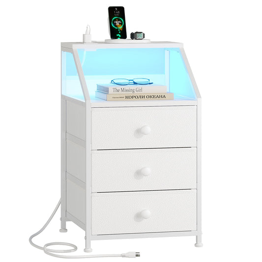 GUNAITO Nightstand with Charging Station Side Table with 3 Drawers End Table with Open Shelf Bedside Table with USB Ports and Outlets Nightstand for Bedroom,White