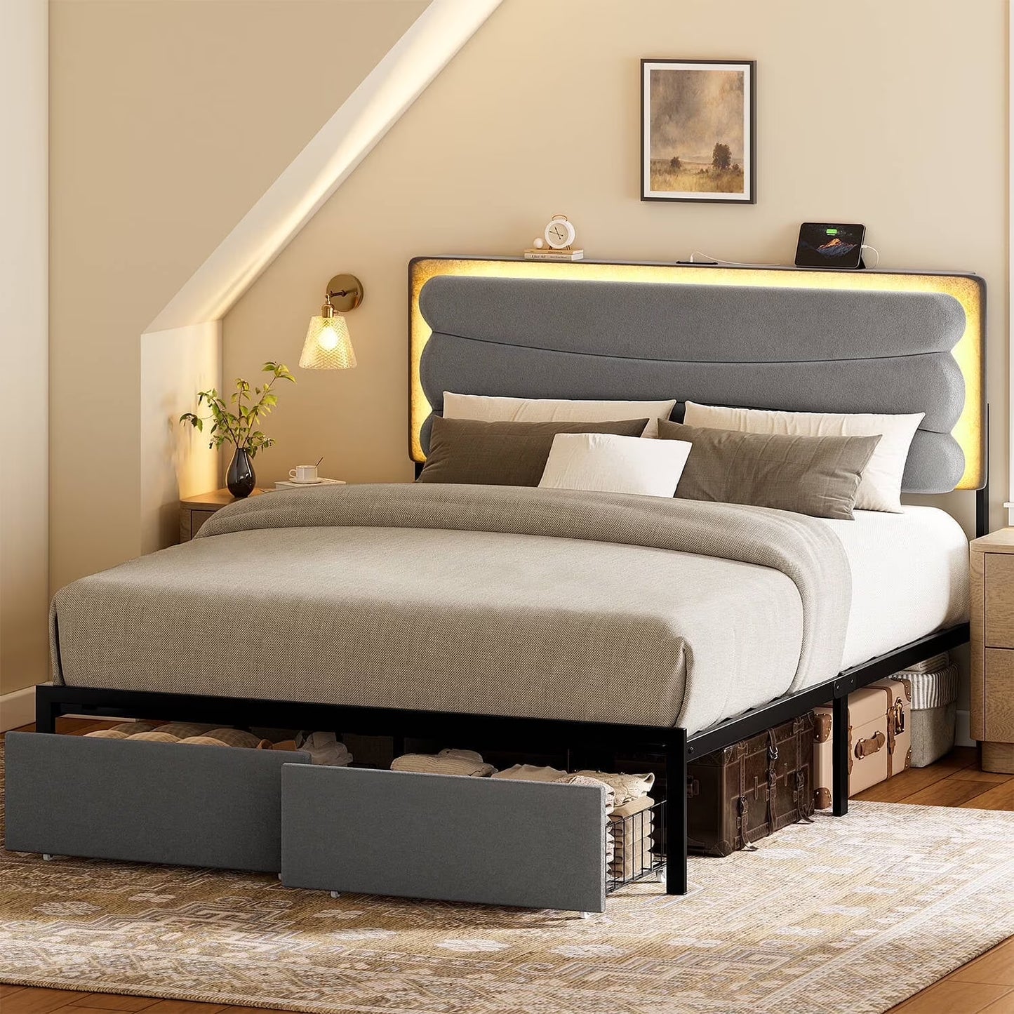 GUNAITO King Bed Frame with Adjustable and Rechargeable Headboard,2 Storage Drawers and RGB LED Lights,Velvet Upholstered Platform Bed,Strong Metal Slats£¬No Box Spring Needed,Fast Assembly, Gray