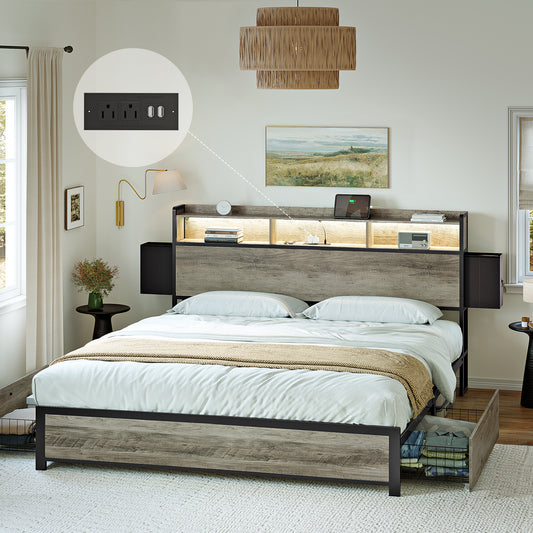 GUNAITO King Bed Frame with Storage Headboard, 2 Drawers Platform LED Bed Frame with USB Ports & Outlets Gray