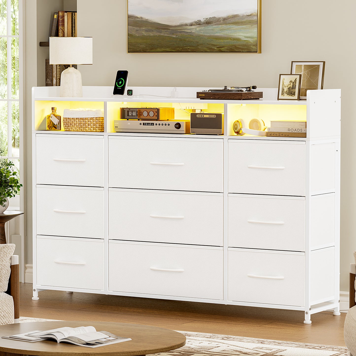 GUNAITO Fabric Storage Dresser with 9 Drawers, Steel Frame and Wooden Top for Bedroom, Closet, Entryway and Nursery, White