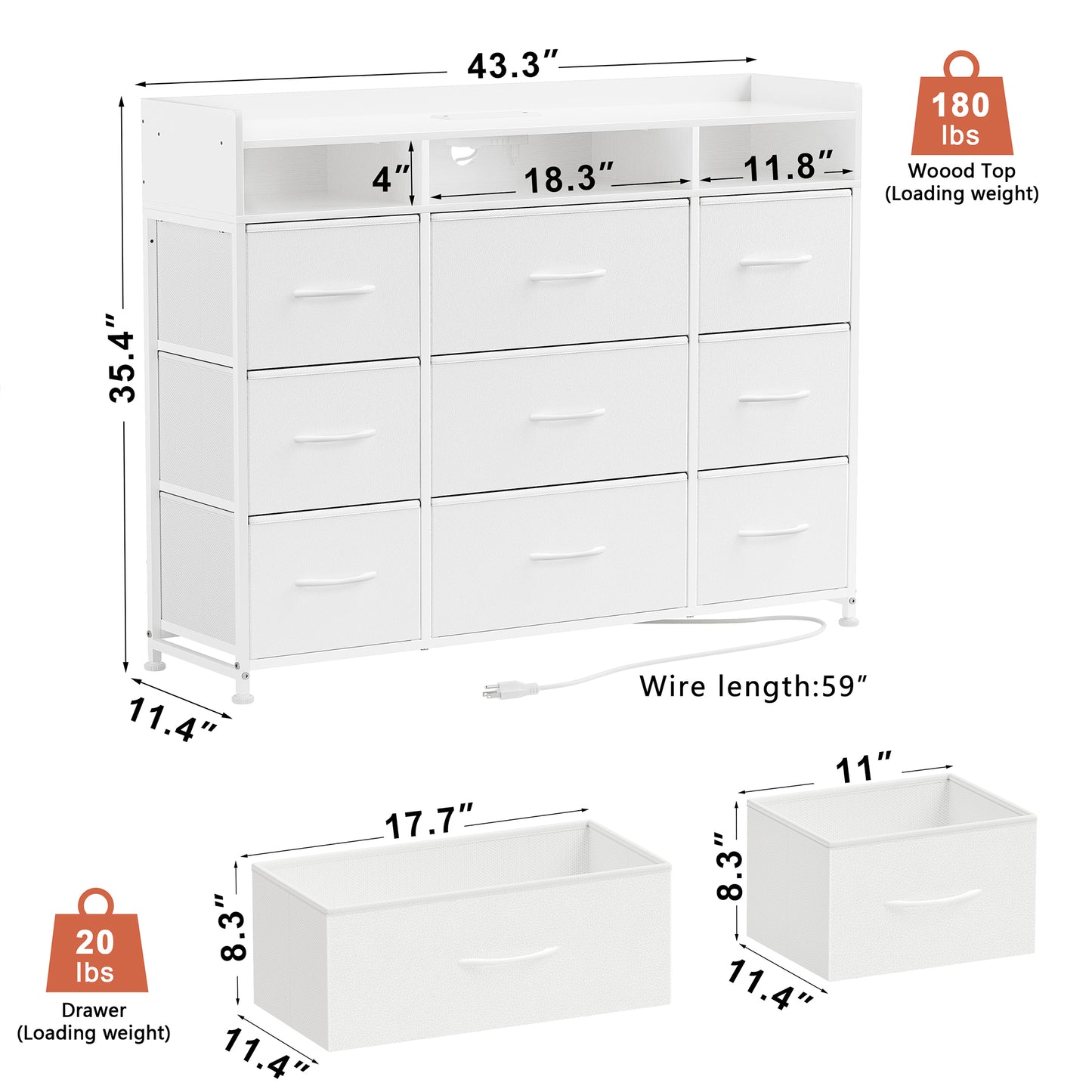 GUNAITO Fabric Storage Dresser with 9 Drawers, Steel Frame and Wooden Top for Bedroom, Closet, Entryway and Nursery, White