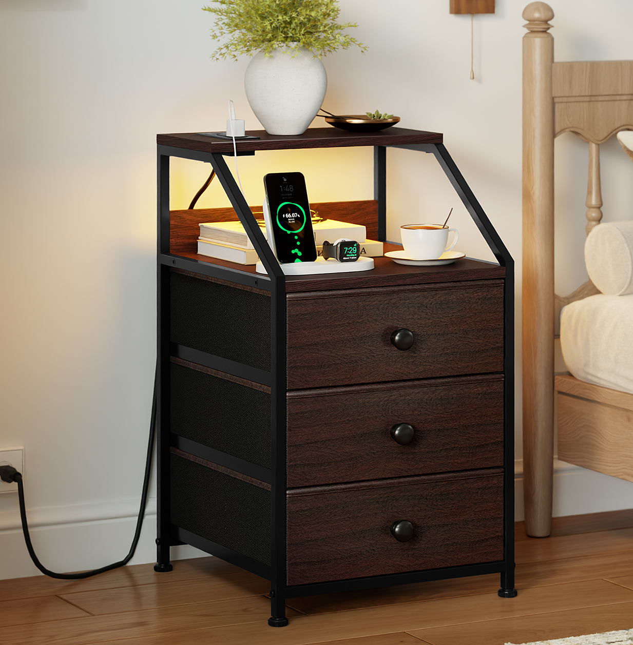 GUNAITO Nightstand with Charging Station Side Table with 3 Drawers End Table with Open Shelf Bedside Table with USB Ports and Outlets Nightstand for Bedroom,Brown