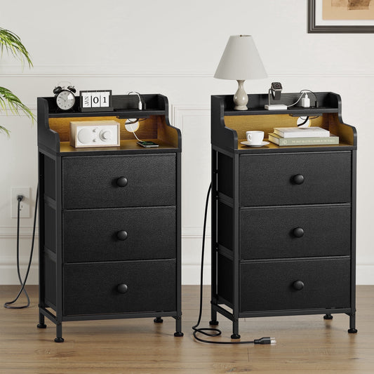 GUNAITO 3 Drawers Nightstand Set of 2 with Charging Station, Bedside Table with LED Light, Modern End Side Table for Bedroom Living Room£¬Black