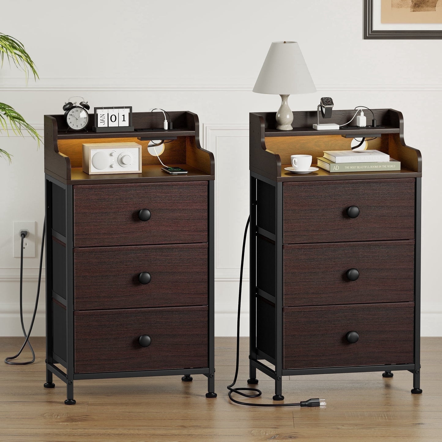 GUNAITO 3 Drawers Nightstand Set of 2 with Charging Station, Bedside Table with LED Light, Modern End Side Table for Bedroom Living Room£¬Brown