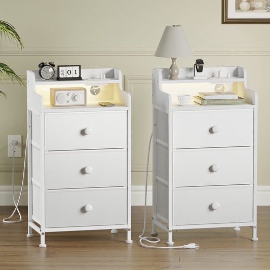 GUNAITO 3 Drawers Nightstand Set of 2 with Charging Station, Bedside Table with LED Light, Modern End Side Table for Bedroom Living Room£¬White