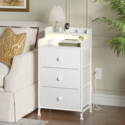 GUNAITO 3 Drawers Nightstand with Charging Station, Bedside Table with LED Light, Modern End Side Table for Bedroom Living Room£¬White