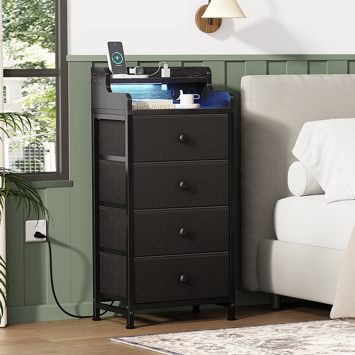 GUNAITO Led Nightstand with 4 Drawers Bedside Table with Charging Station Small End Table with Wood Shelf for Living Room,Gray