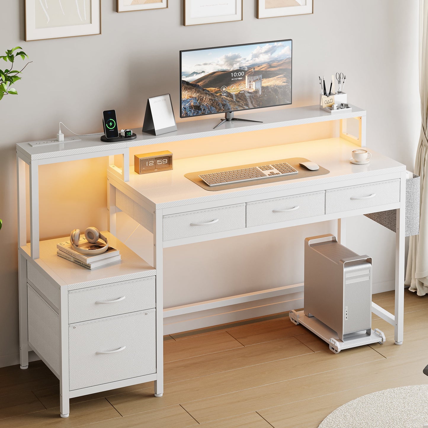 GUNAITO 60 inch Gaming Desk with 5 Fabric Drawers & Storage Shelves, Computer Desk with LED Lights & Charging Station,Carbon Fiber White