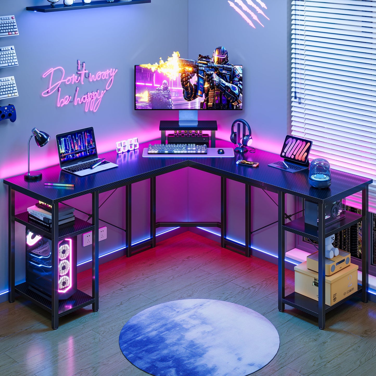 GUNAITO L Shaped Gaming Desk with CPU Stand, 61" Modern Corner Computer Desk,Reversible Office Desk 4-Tier Shelf,Carbon Fiber Black