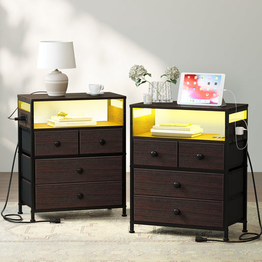 GUNAITO Led Nightstand Set of 2 with 4 Drawers Bedside Table with Charging Station Wide End Table with Storage Shelf for Living Room,Brown