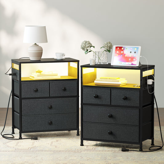 GUNAITO Led Nightstand Set of 2 with 4 Drawers Bedside Table with Charging Station Wide End Table with Storage Shelf for Living Room,Gray
