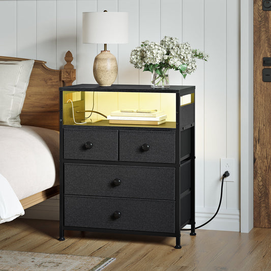 GUNAITO Led Nightstand with 4 Drawers Bedside Table with Charging Station Wide End Table with Storage Shelf for Living Room,Gray