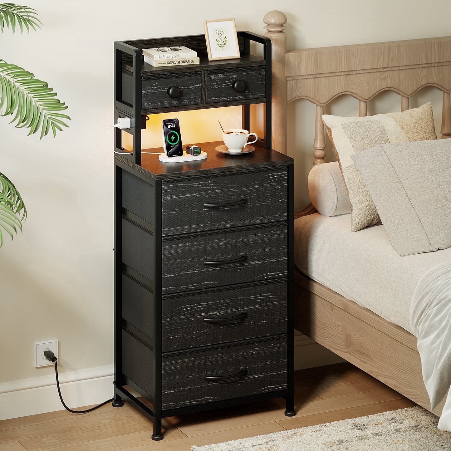 GUNAITO Nightstand with Charging Station and LED Light Bedside Table with Fabric Drawers and Storage Shelf Tall Nightstand for Bedroom Living Room Small Spaces,Deke Black
