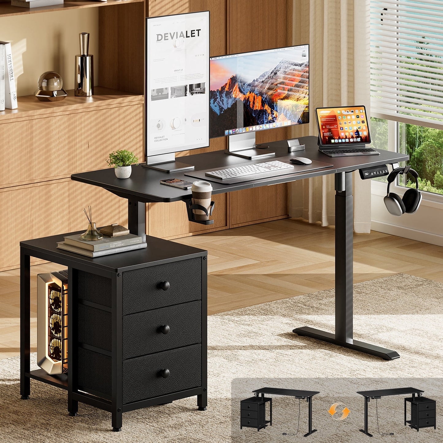 GUNAITO 47.2" Electric Standing Desk with 3-Drawer Cabinet, Adjustable Height Desk with Memory Panel, Office & Gaming Desk£¬Black
