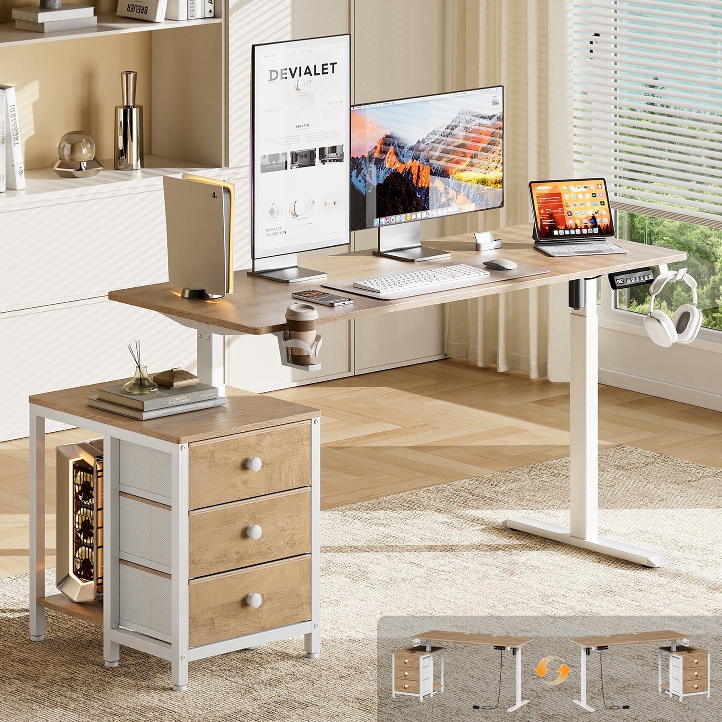 GUNAITO 55.1" Electric Standing Desk with 3-Drawer Cabinet, Adjustable Height Desk with Memory Panel, Office & Gaming Desk£¬Nutural