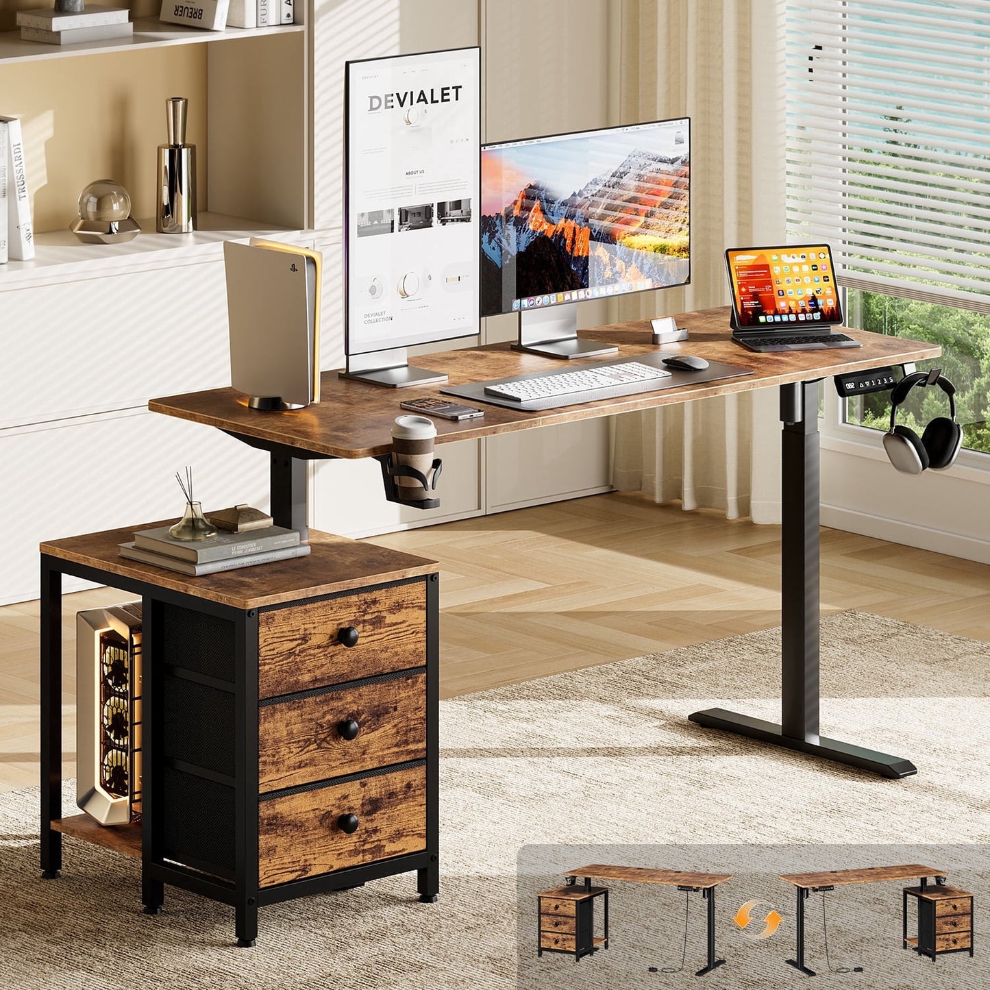 GUNAITO 55.1" Electric Standing Desk with 3-Drawer Cabinet, Adjustable Height Desk with Memory Panel, Office & Gaming Desk£¬Rustic Brown