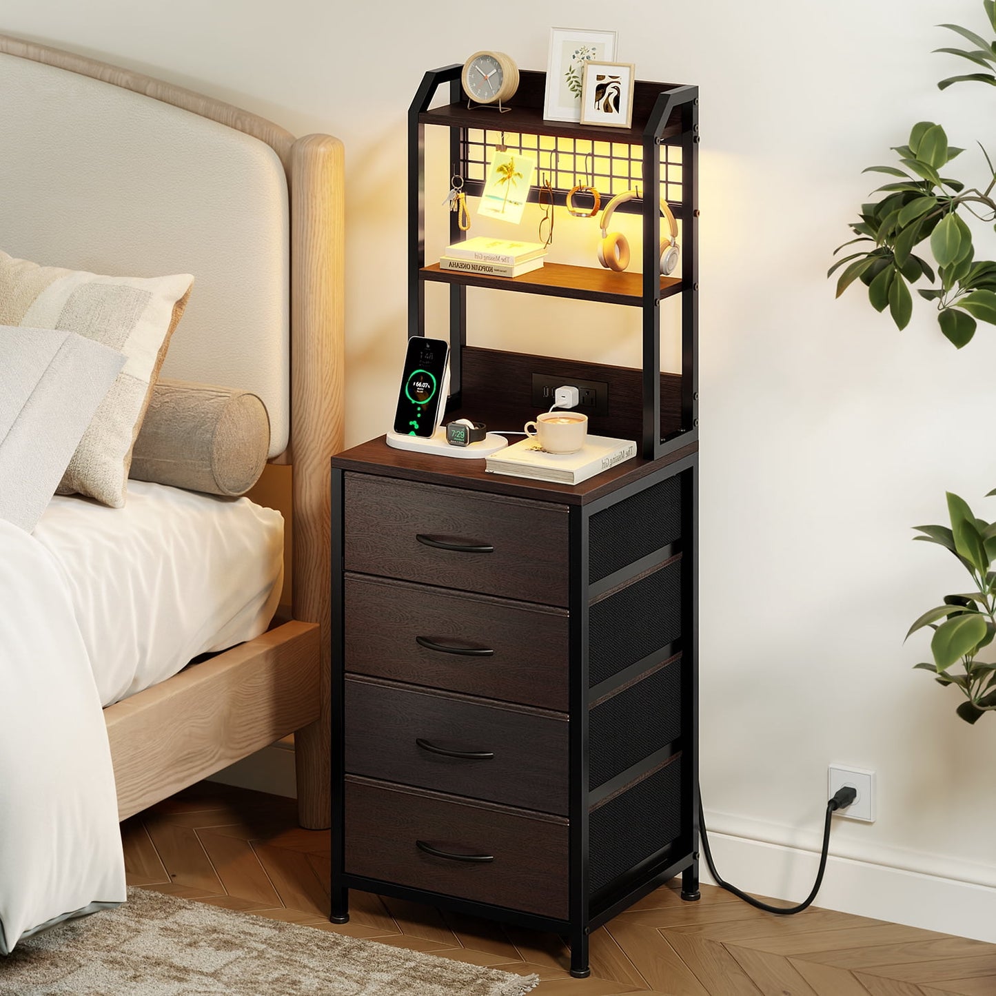GUNAITO Nightstand with Charging Station & LED Light, 4 Fabric Drawers & 3 Shelves Bedside Table, Modern End Table for Bedroom,Brown