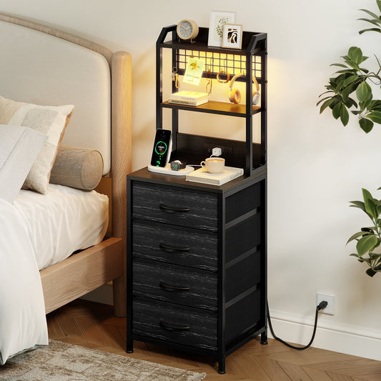 GUNAITO Nightstand with Charging Station & LED Light, 4 Fabric Drawers & 3 Shelves Bedside Table, Modern End Table for Bedroom,Deke Black