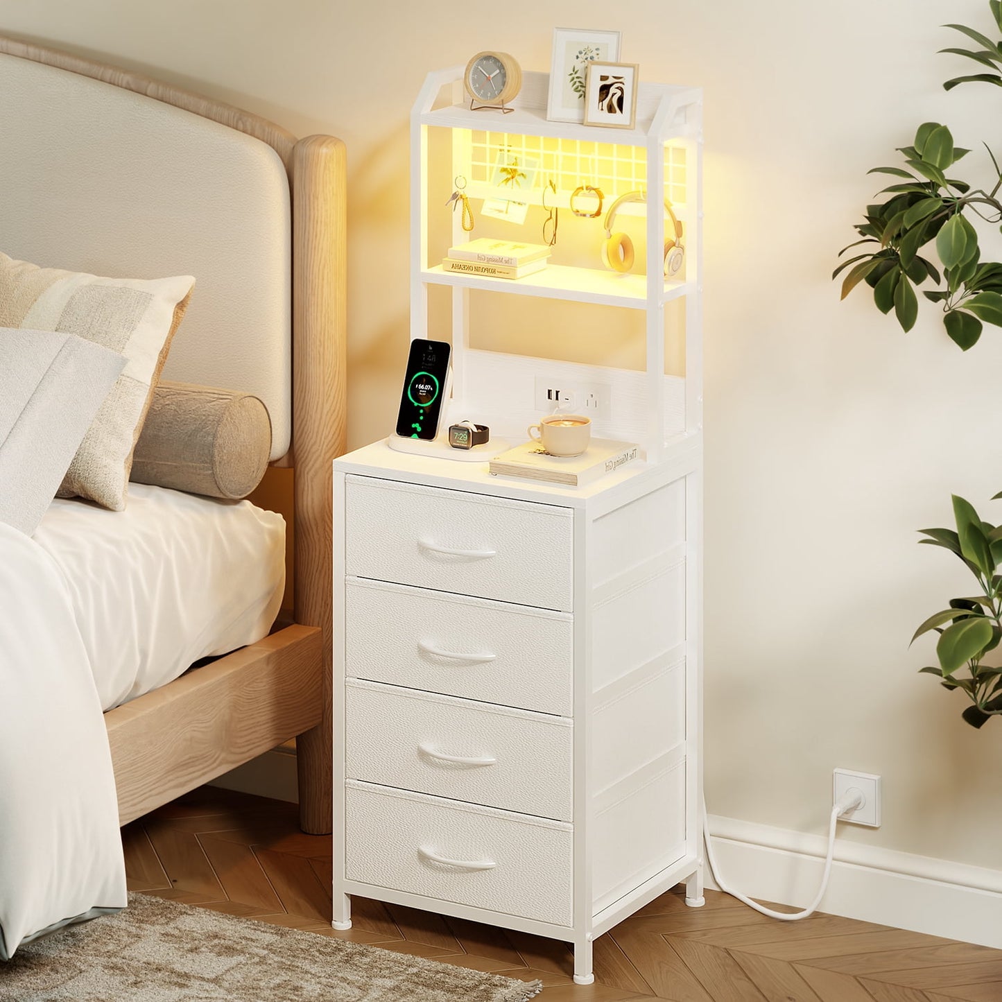 GUNAITO Nightstand with Charging Station & LED Light, 4 Fabric Drawers & 3 Shelves Bedside Table, Modern End Table for Bedroom,White