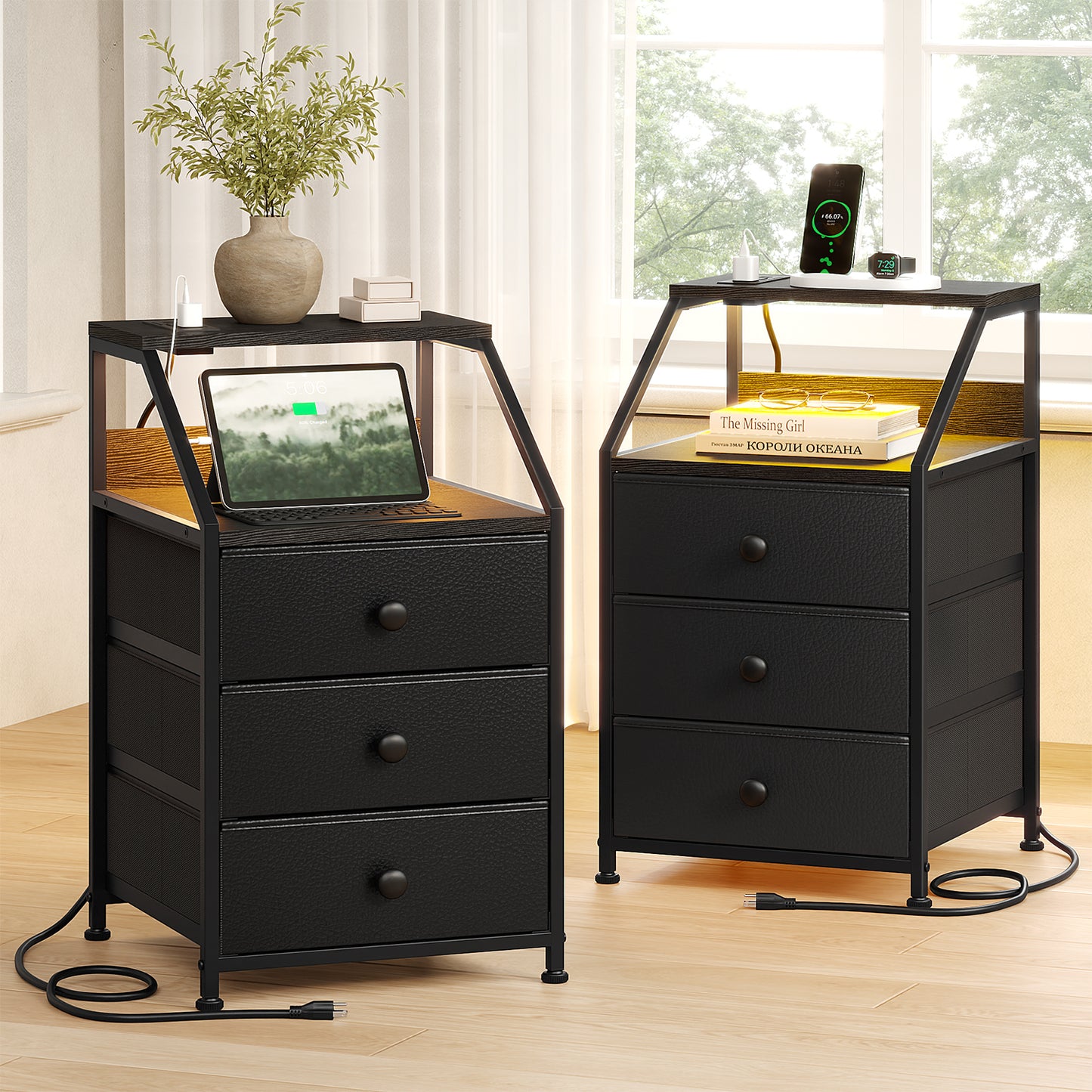 GUNAITO Nightstand Set of 2 with Charging Station Side Table with 3 Drawers End Table with Open Shelf Bedside Table with USB Ports and Outlets Nightstand for Bedroom,Black