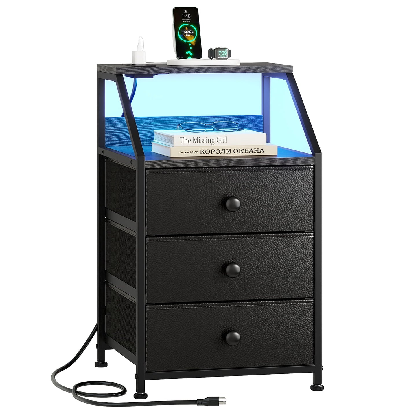 GUNAITO Nightstand with Charging Station Side Table with 3 Drawers End Table with Open Shelf Bedside Table with USB Ports and Outlets Nightstand for Bedroom,Black