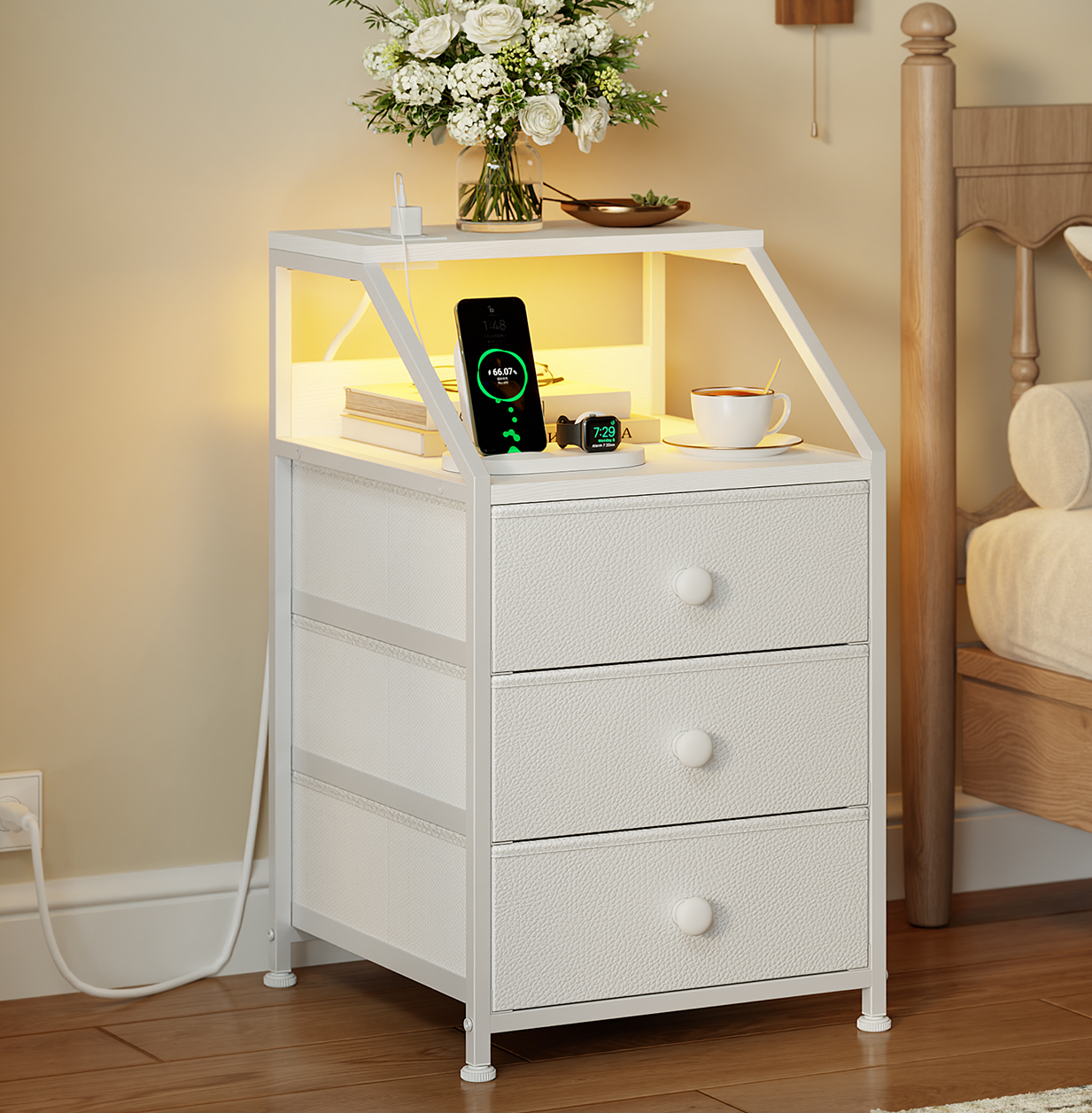 GUNAITO Nightstand with Charging Station Side Table with 3 Drawers End Table with Open Shelf Bedside Table with USB Ports and Outlets Nightstand for Bedroom,White
