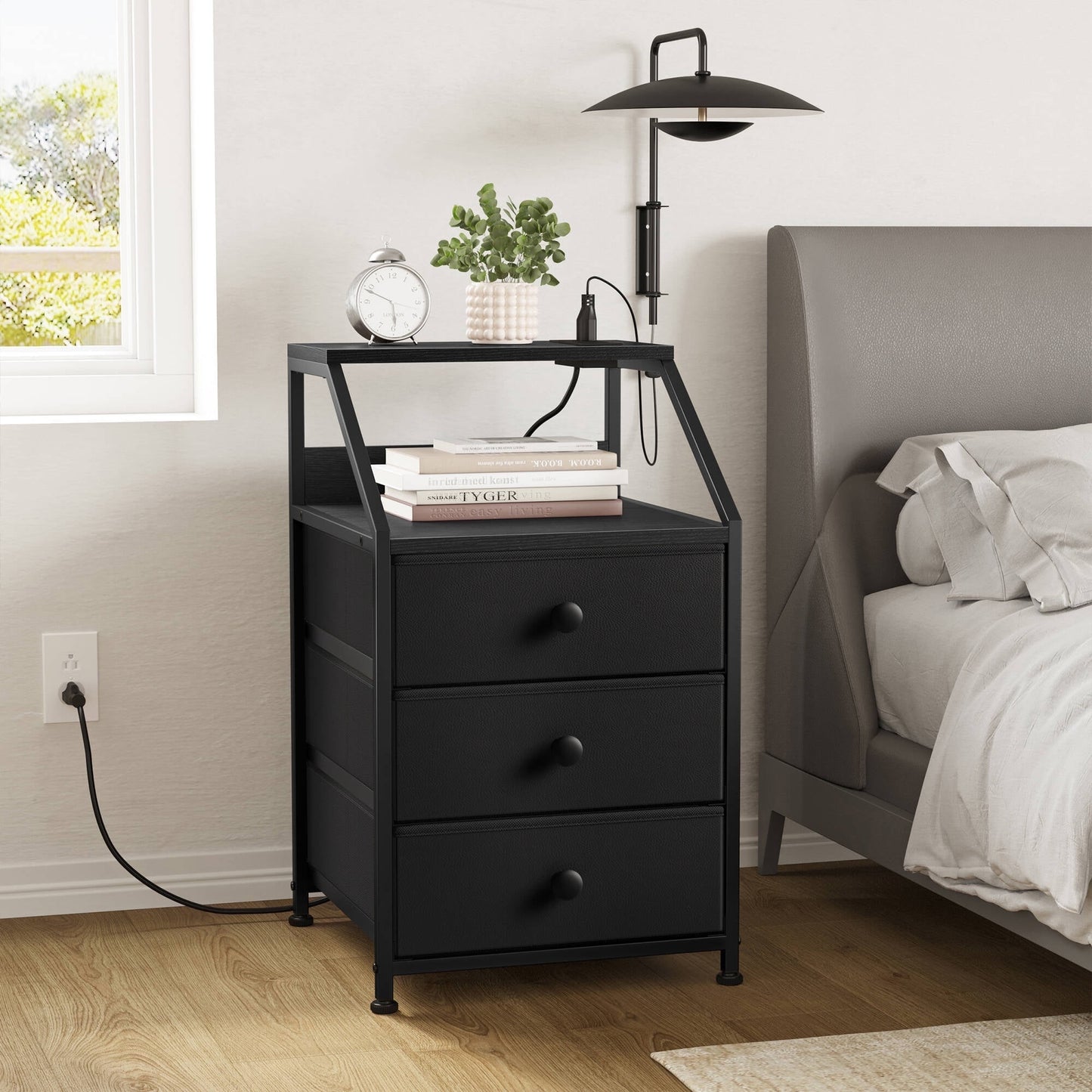GUNAITO Nightstand with Charging Station Side Table with 3 Drawers End Table with Open Shelf Bedside Table with USB Ports and Outlets Nightstand for Bedroom,Black