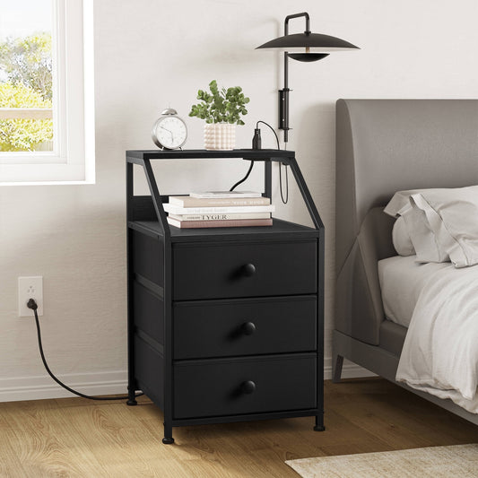 GUNAITO Nightstand with Charging Station Side Table with 3 Drawers End Table with Open Shelf Bedside Table with USB Ports and Outlets Nightstand for Bedroom,Black