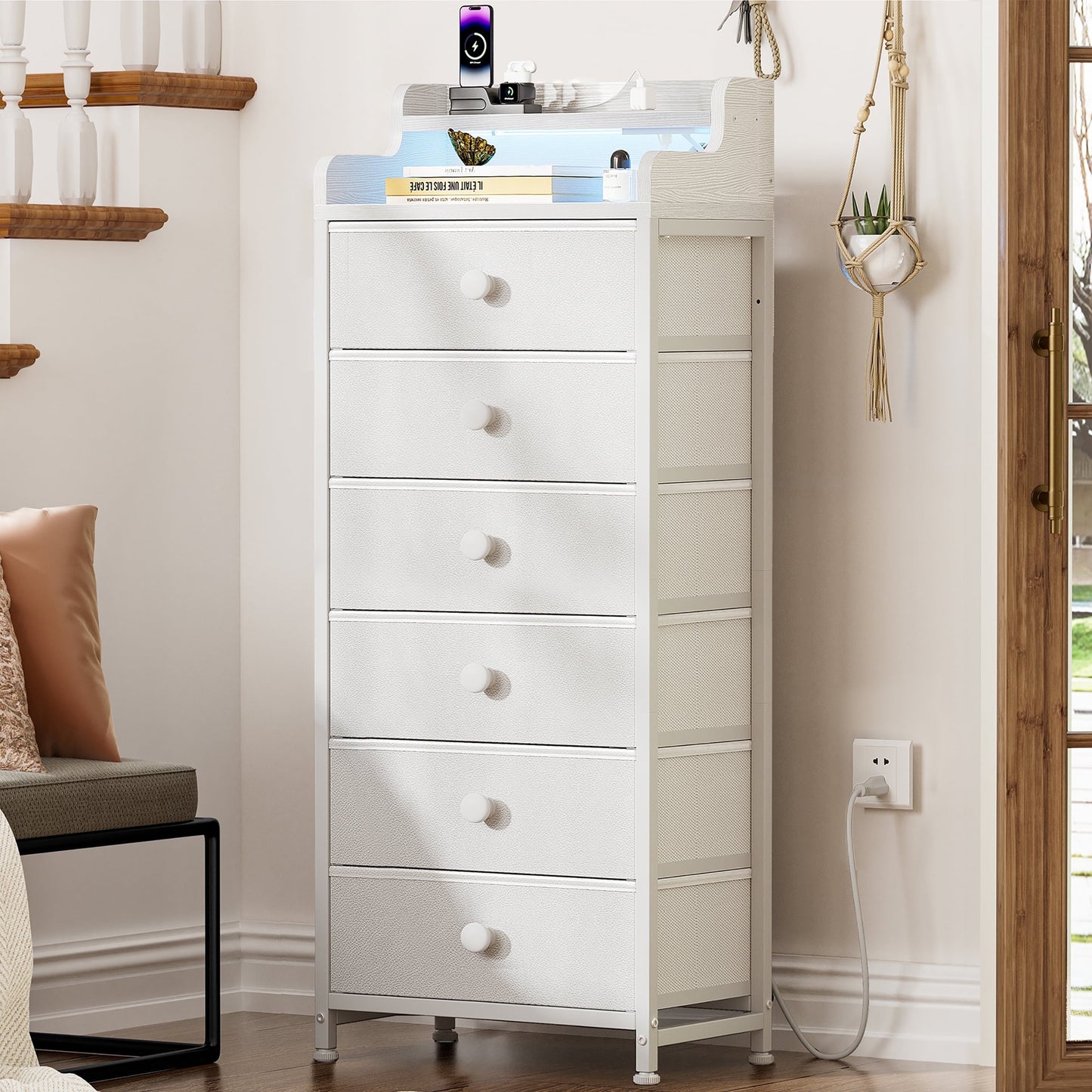GUNAITO Tall Led Dresser for Bedroom with 6 Drawers Chest of Drawers Fabric Storage Bin White