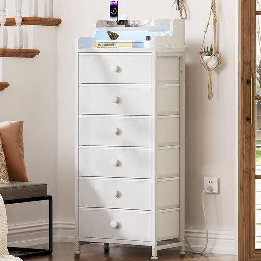GUNAITO Tall Led Dresser for Bedroom with 6 Drawers Chest of Drawers Fabric Storage Bin White