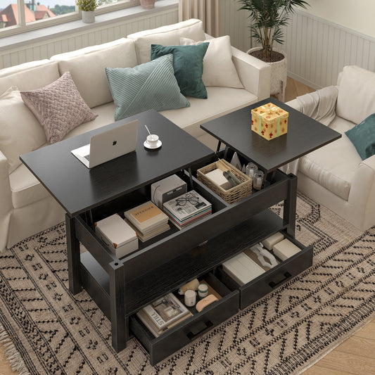 GUNAITO Lift Top Coffee Table with Storage,Farmhouse Coffee Table with Drawers and Hidden Compartment for Living Room,Black